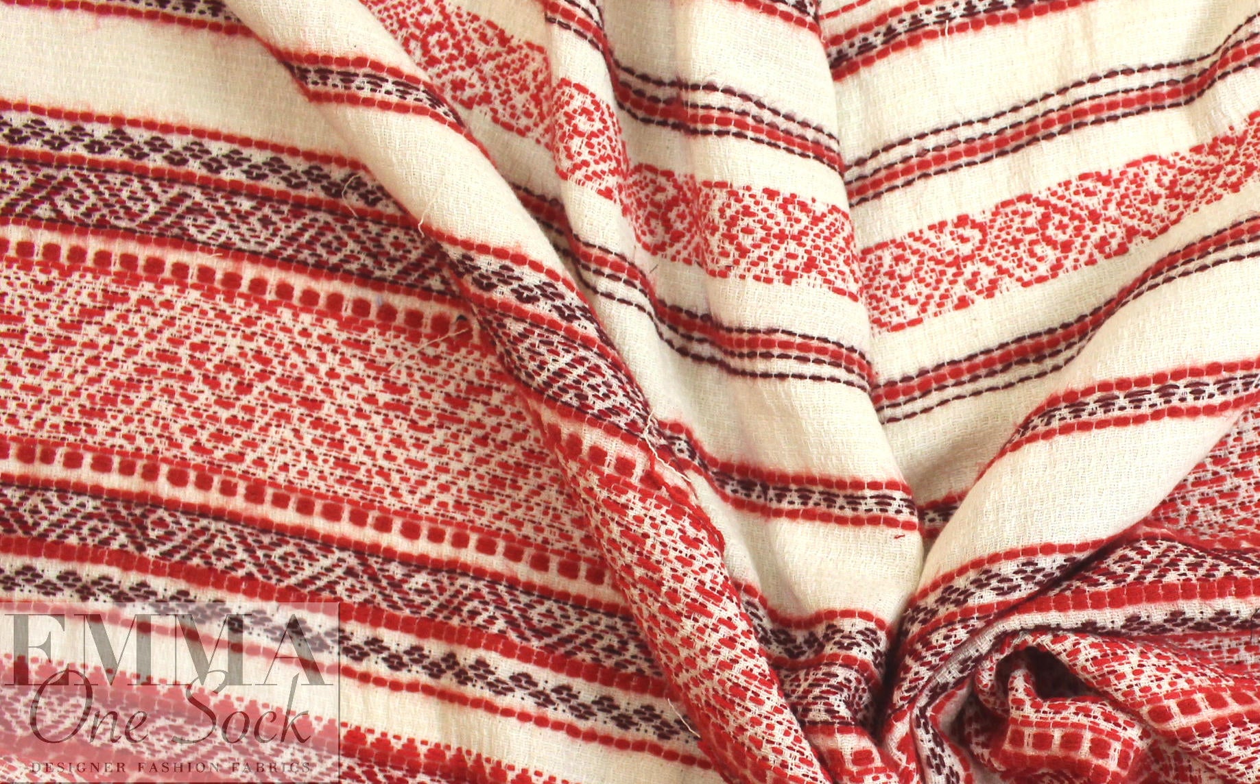 NY designer red/natural jacquard weave cotton blend woven