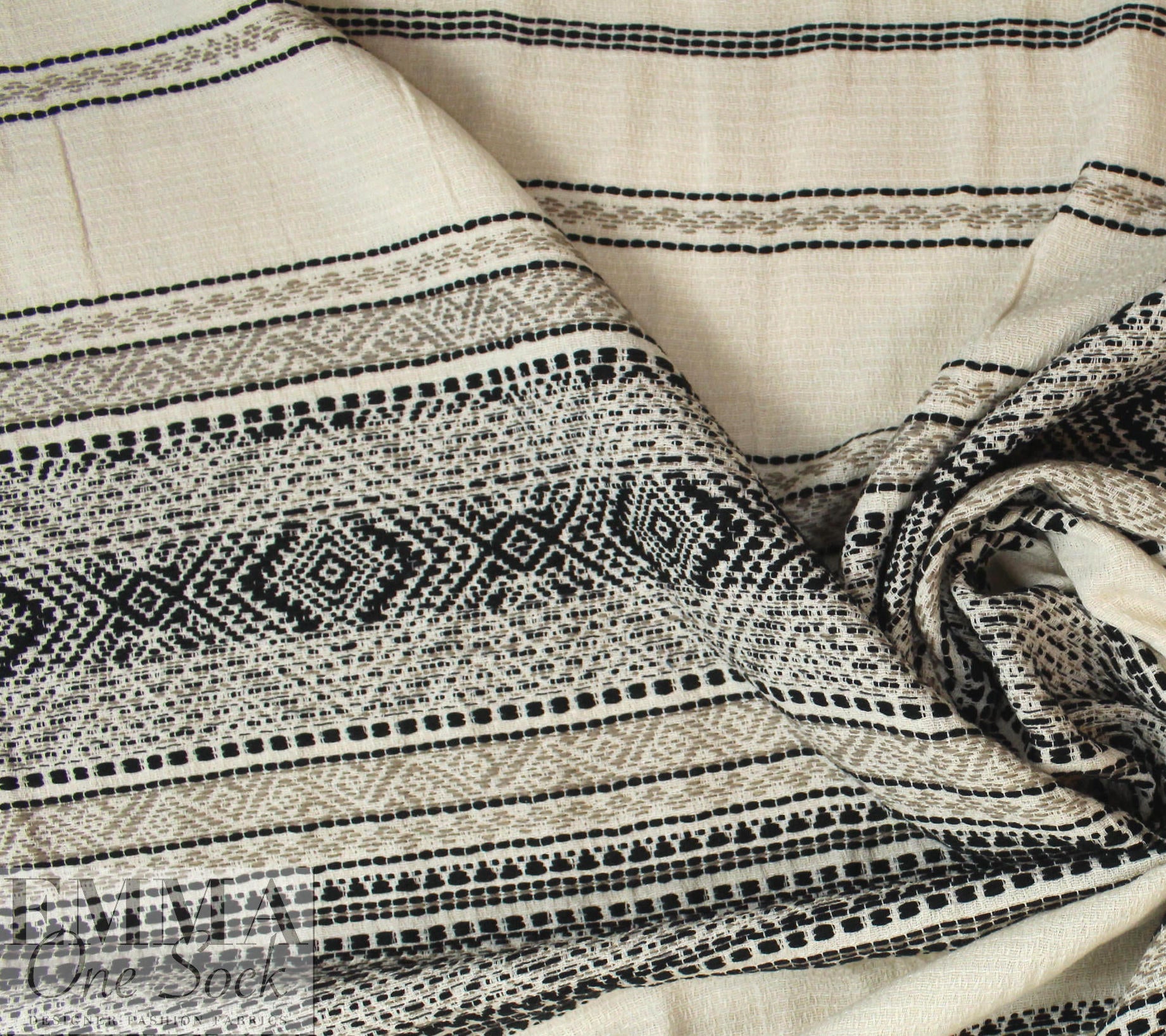 NY designer black/natural jacquard weave cotton blend woven