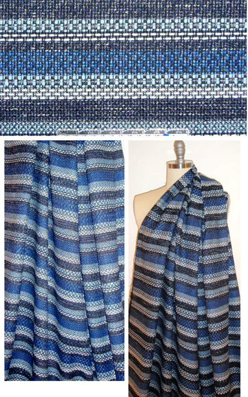 NY designer blues/black stripey raffia-look suiting 1.25 yds