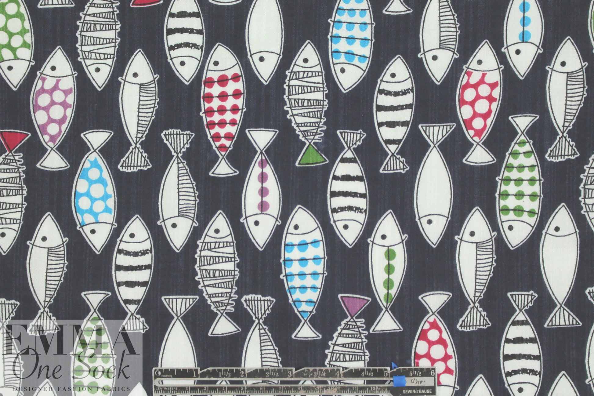 'go fish' cotton/rayon lightweight woven - navy 1.375 yds