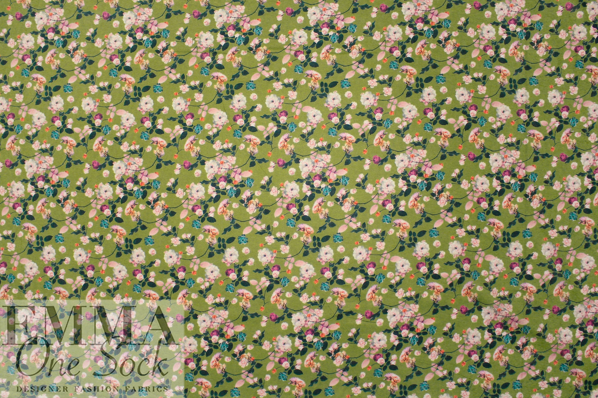 cotton satin lawn - blossoms on peridot .75 yds