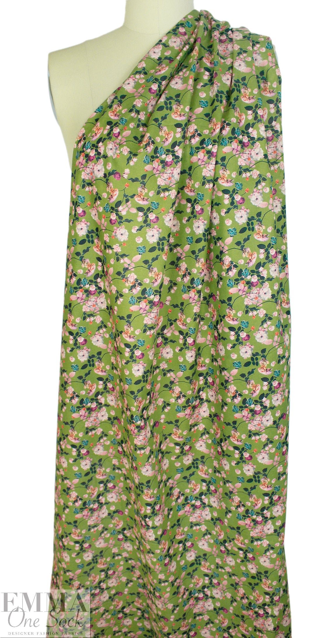 cotton satin lawn - blossoms on peridot .75 yds