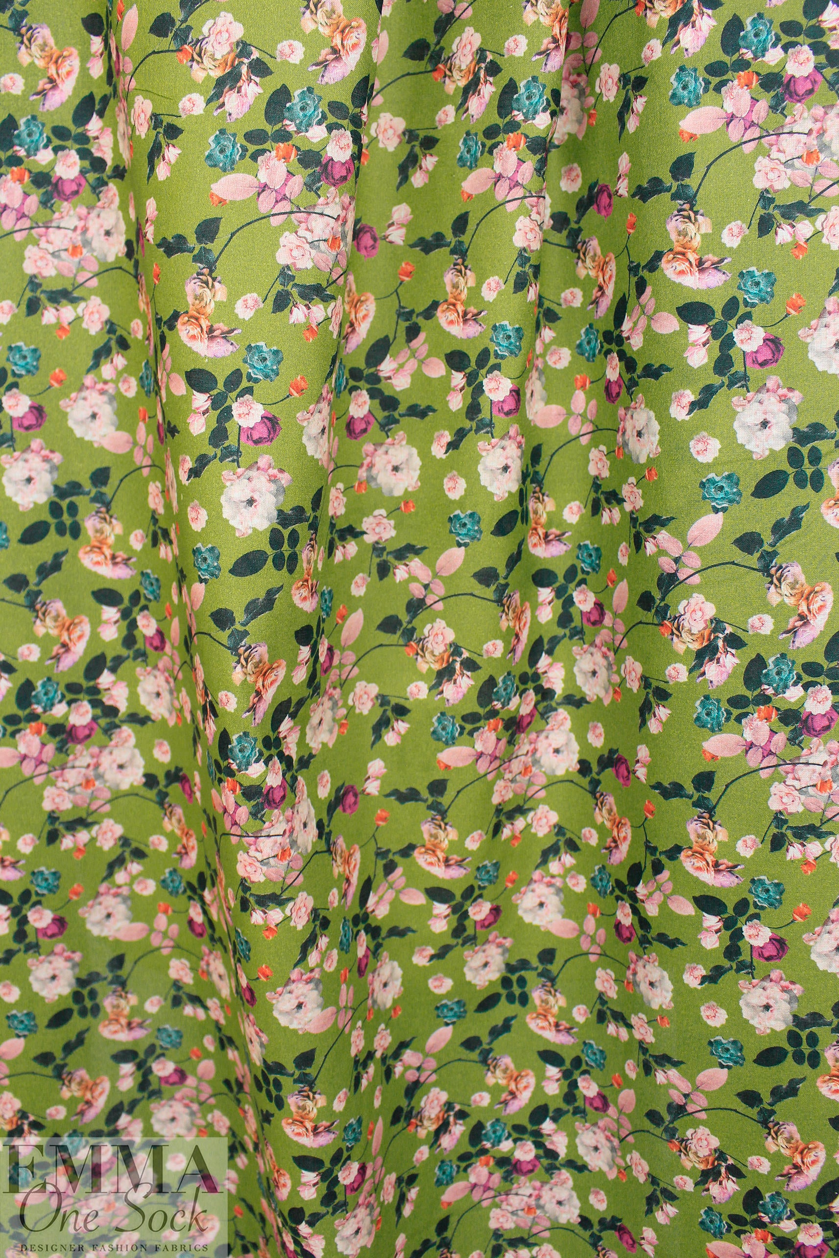 cotton satin lawn - blossoms on peridot .75 yds