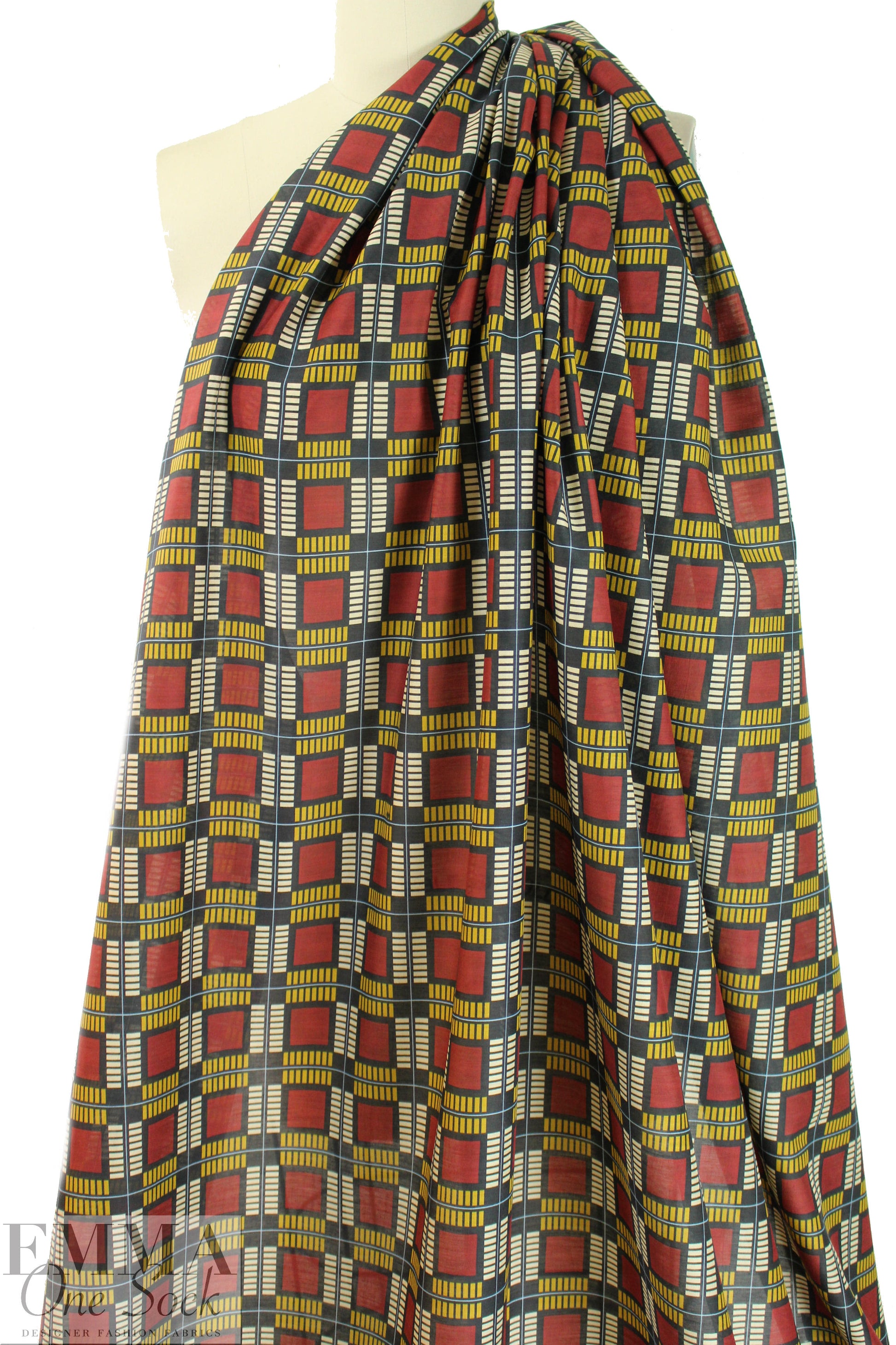 Italian graphic 'plaid' cotton/silk voile - licorice/brick *FLAW* 1.75 yds