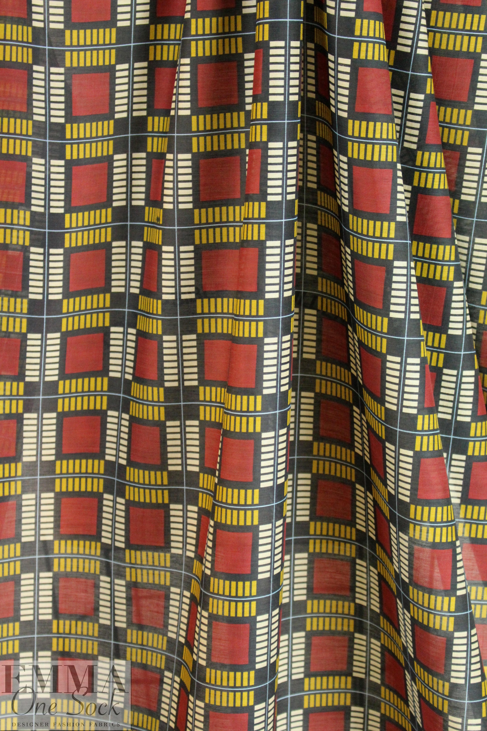 Italian graphic 'plaid' cotton/silk voile - licorice/brick *FLAW*