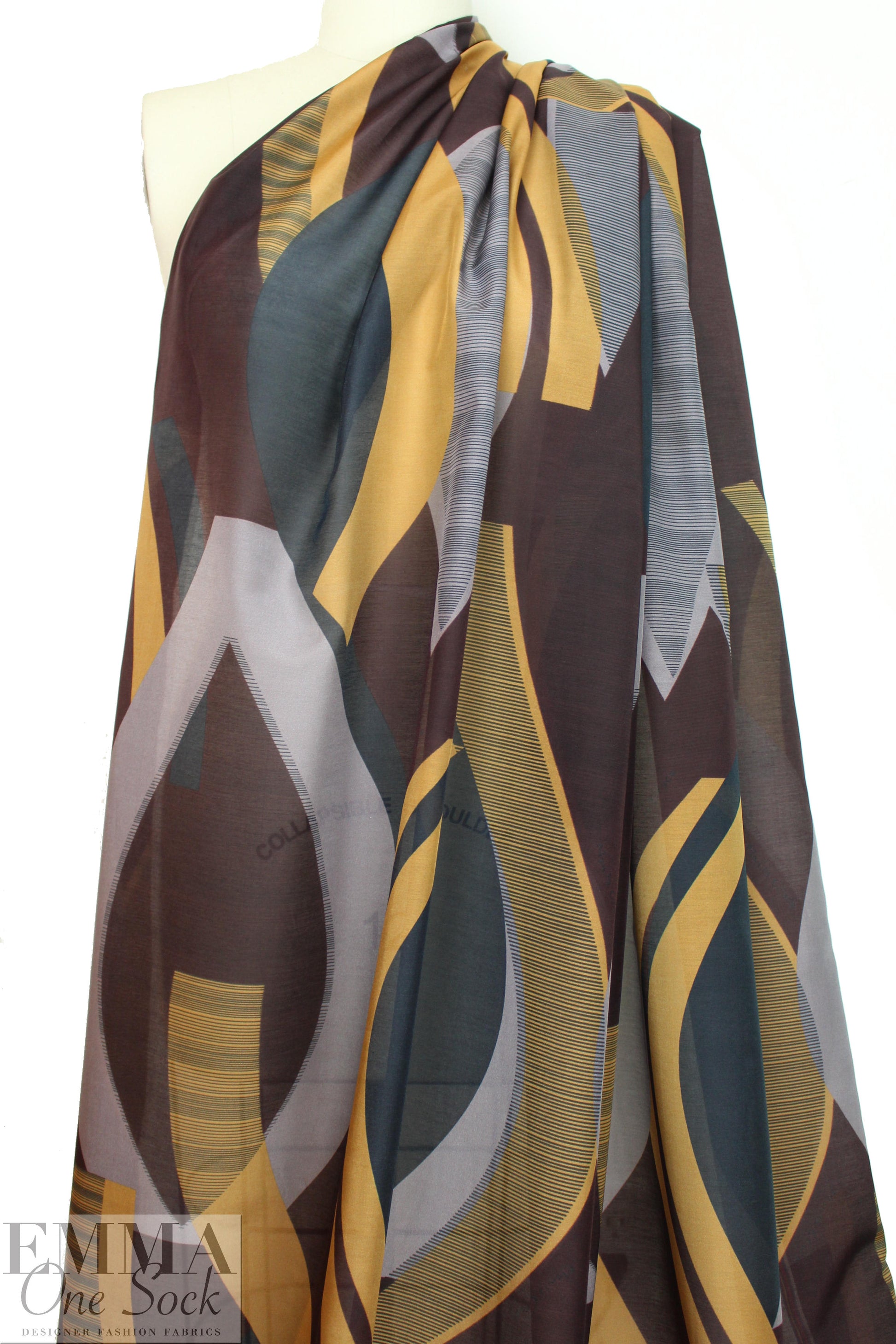 Italian cubist waves silk/cotton voile - honey mustard/pine 2 yd