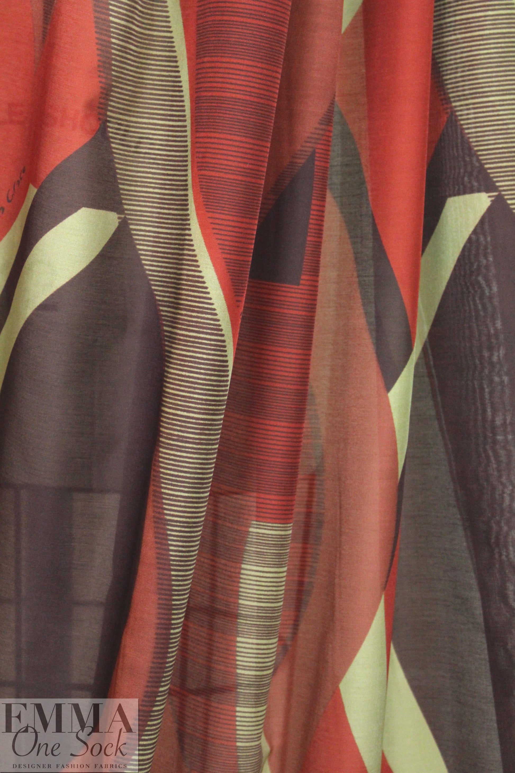Italian cubist waves silk/cotton voile - paprika/sage