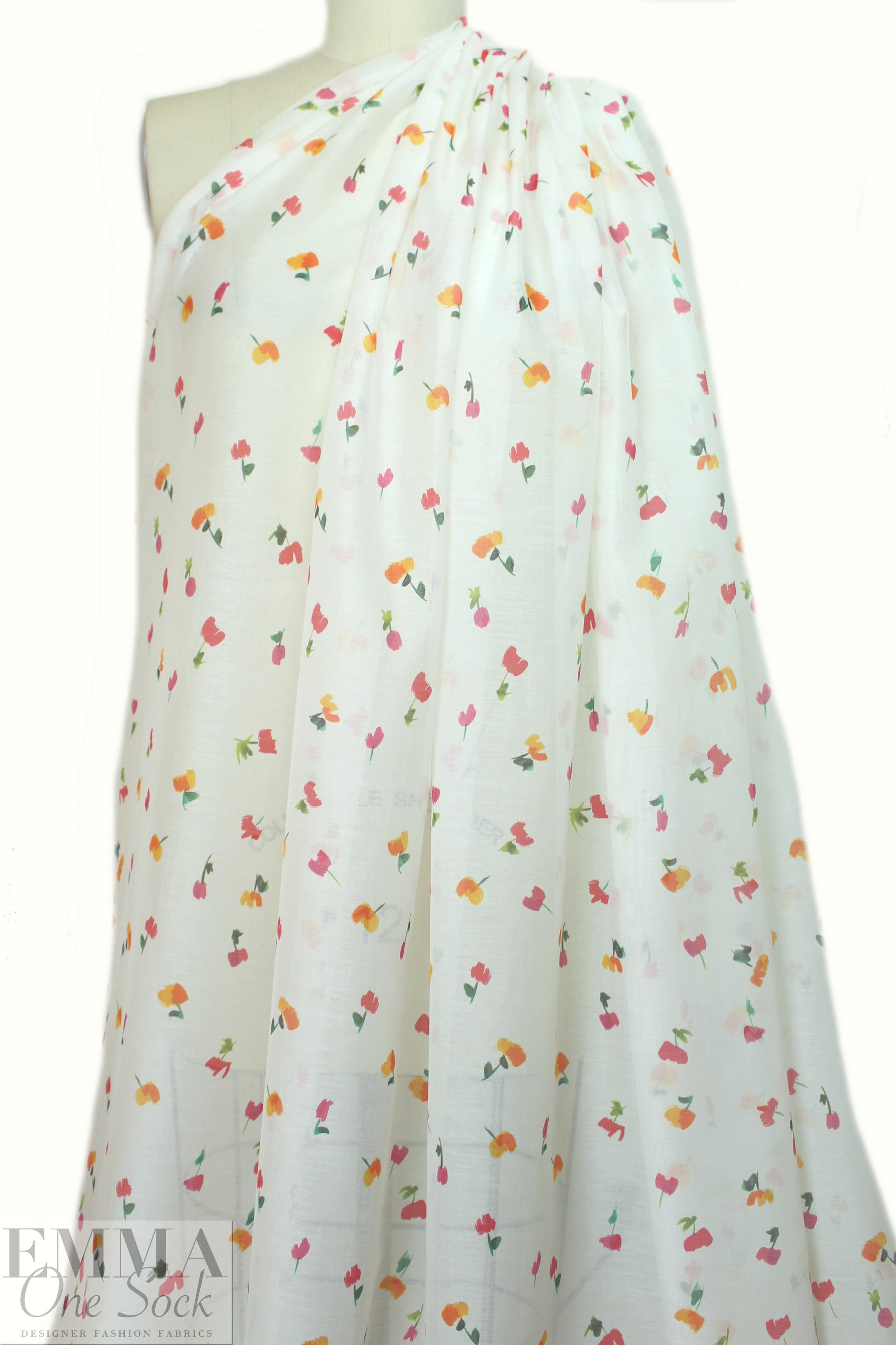 Caroline C0nstas little flowers on white cotton/silk voile