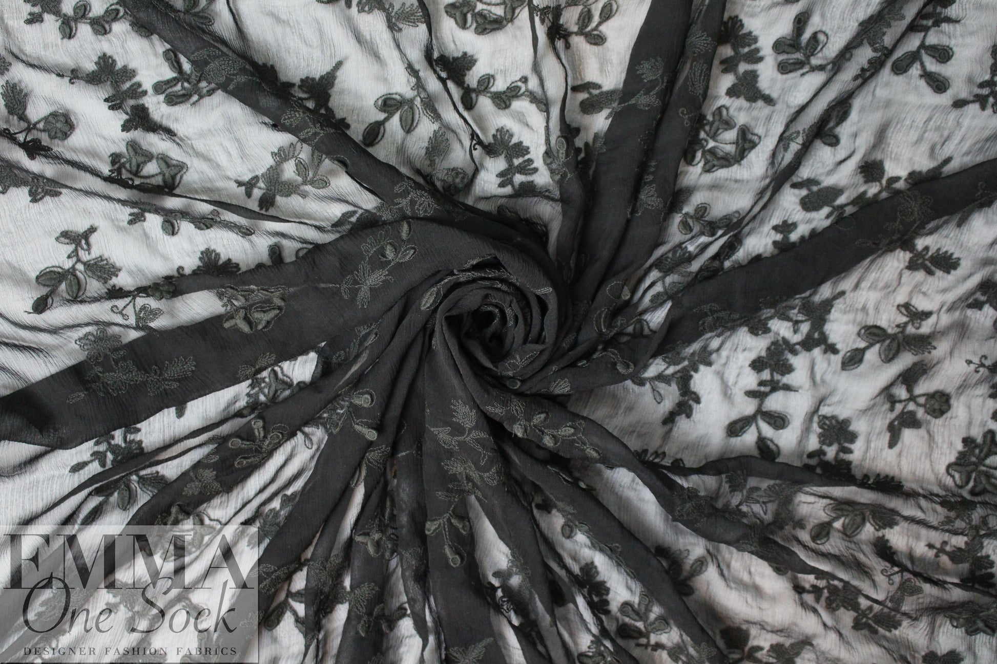 NY designer cotton embroidered crinkle silk - black 1.33 yds