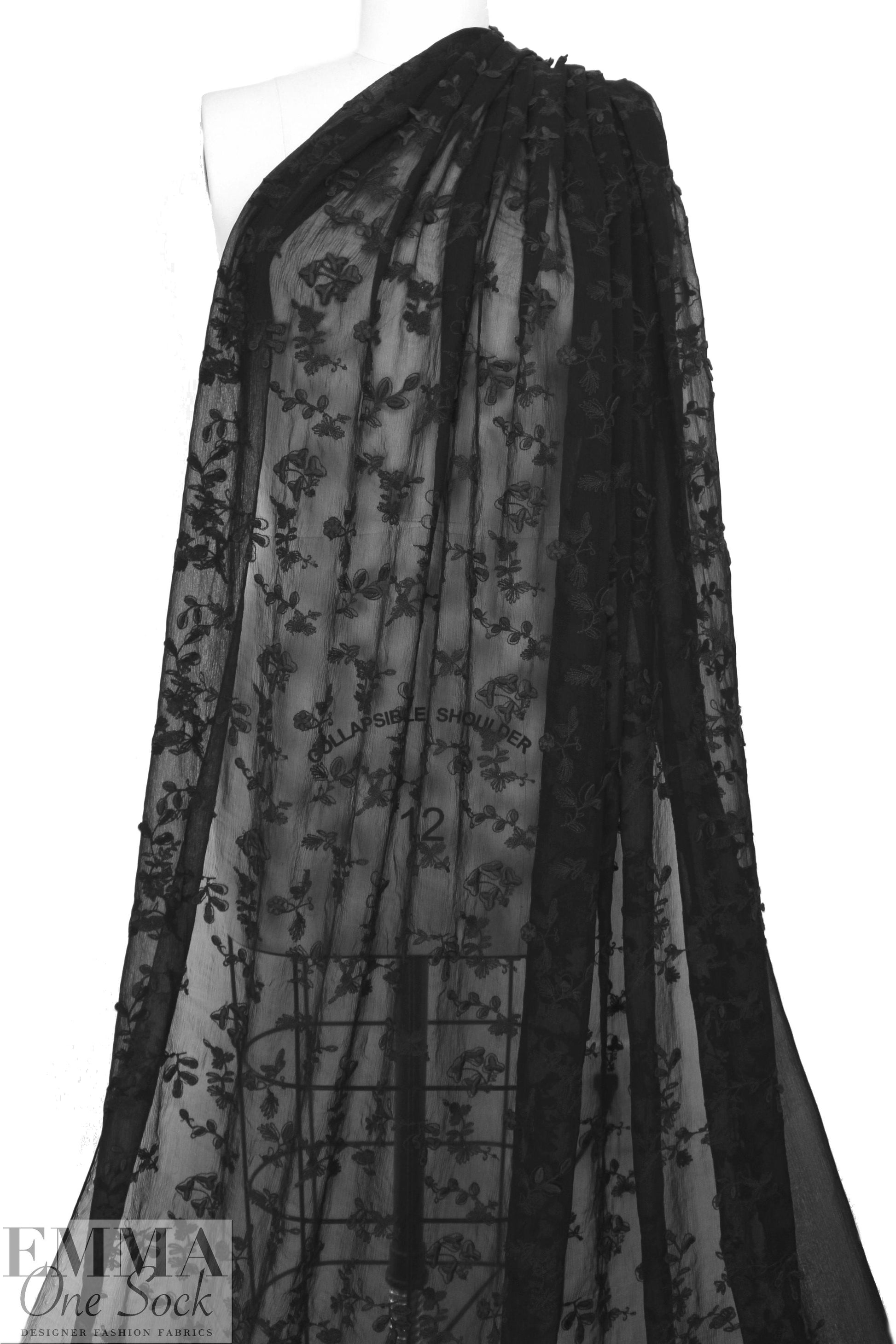 NY designer cotton embroidered crinkle silk - black