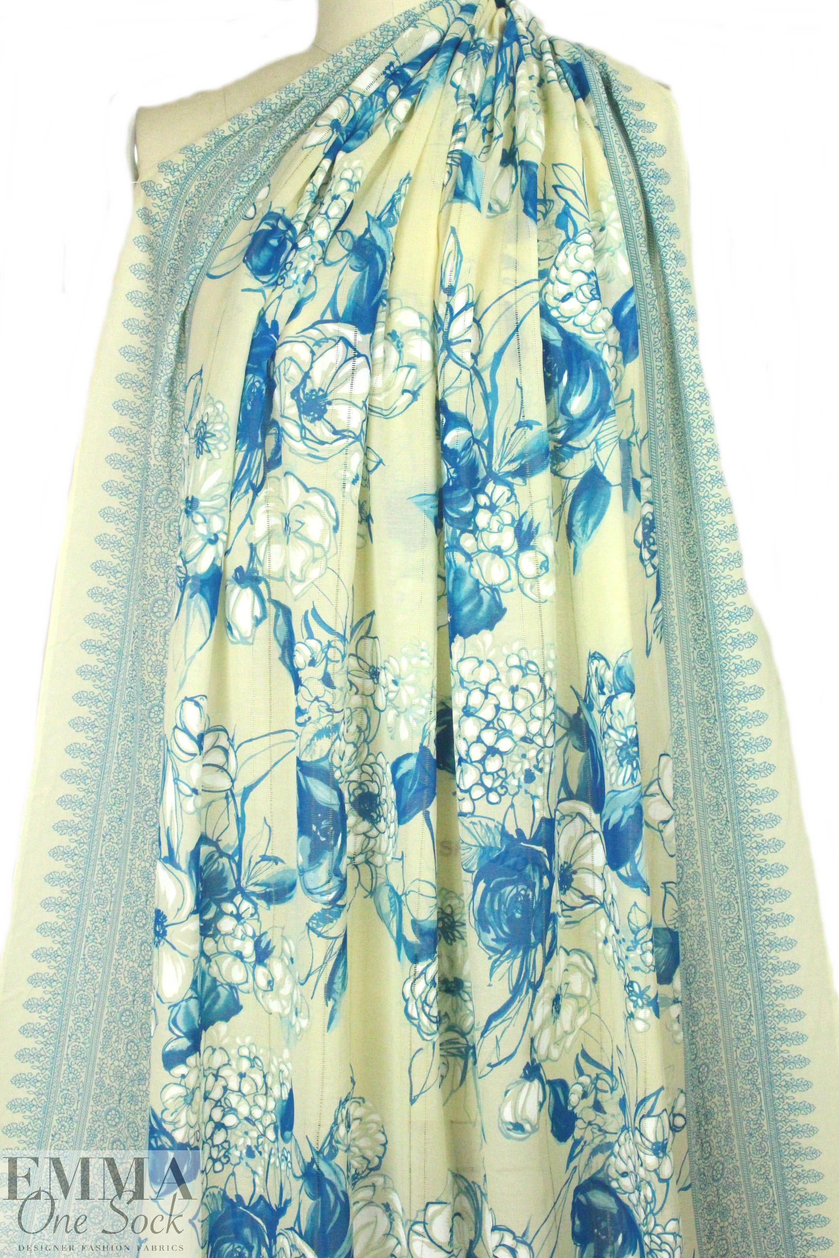 NY designer painted flowers border cotton/silk voile