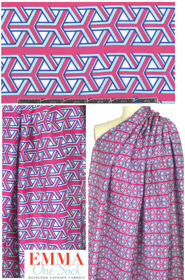 NY designer pink/blue basket graphic silk/cotton voile