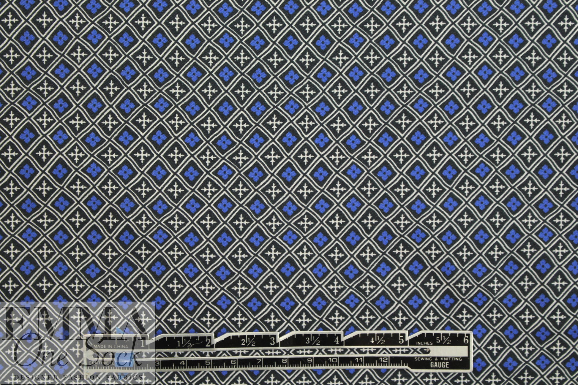 Italian blue/black/white graphic cotton stretch woven