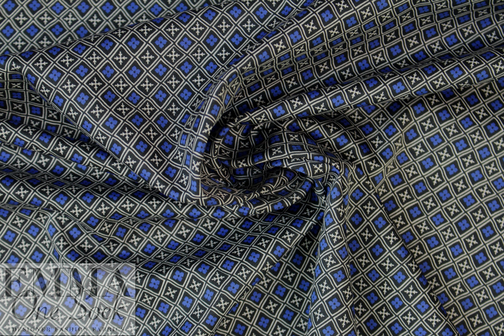 Italian blue/black/white graphic cotton stretch woven 1.25 yds