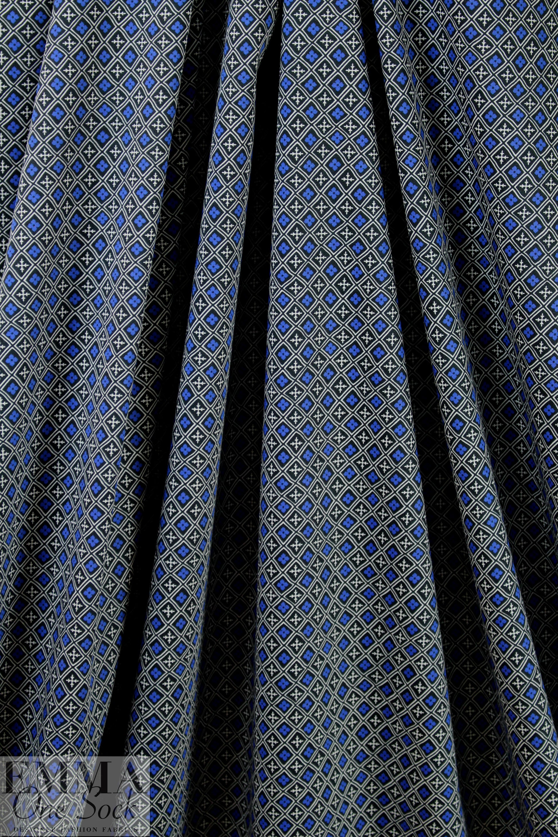 Italian blue/black/white graphic cotton stretch woven