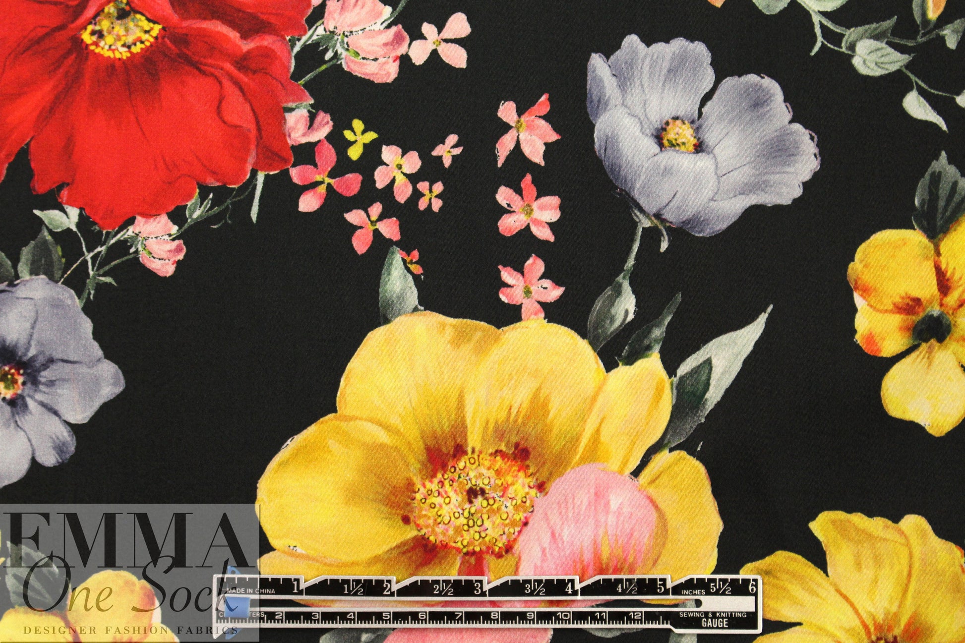 Italian cotton stretch woven - wildflowers on black 1.25 yds