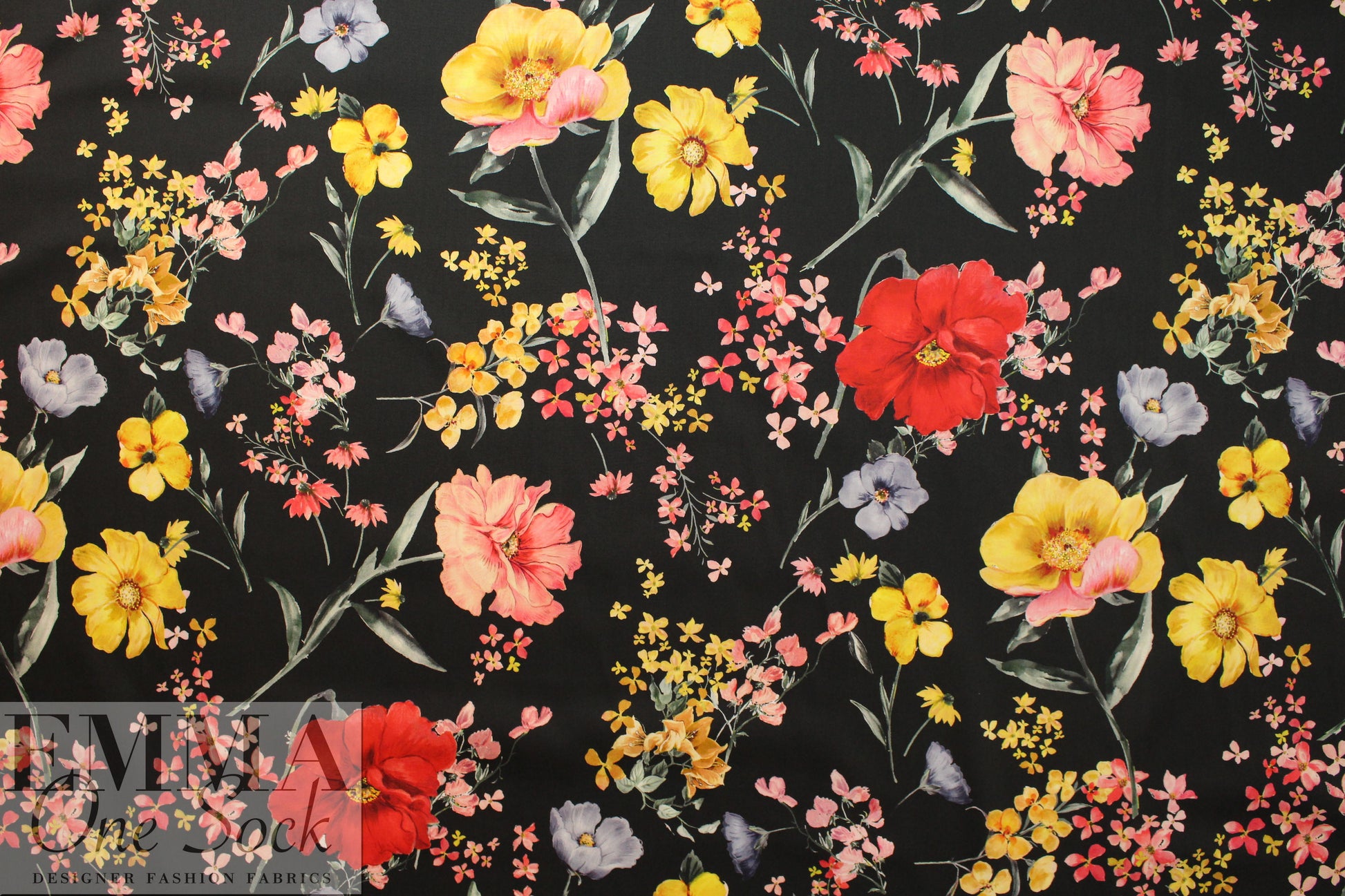 Italian cotton stretch woven - wildflowers on black 1.25 yds