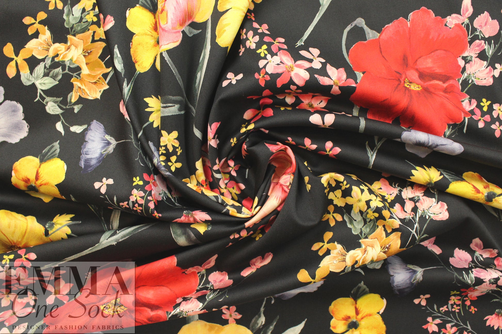 Italian cotton stretch woven - wildflowers on black