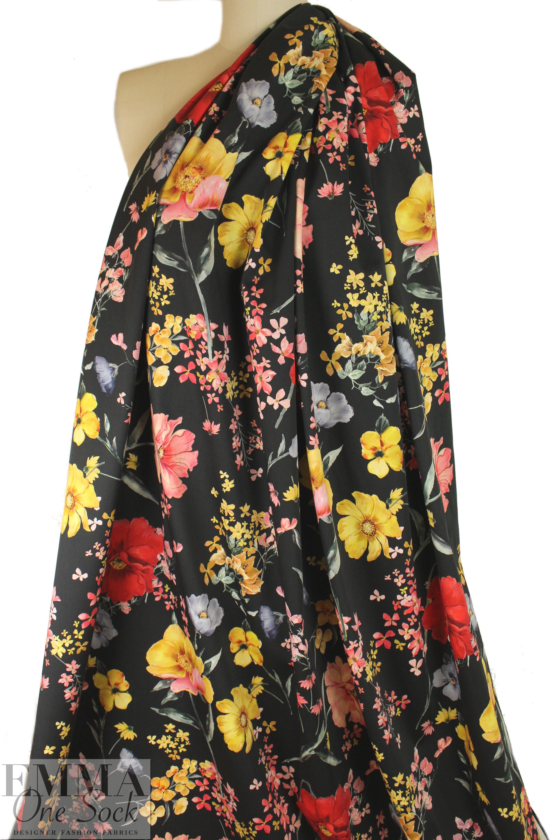 Italian cotton stretch woven - wildflowers on black 1.25 yds
