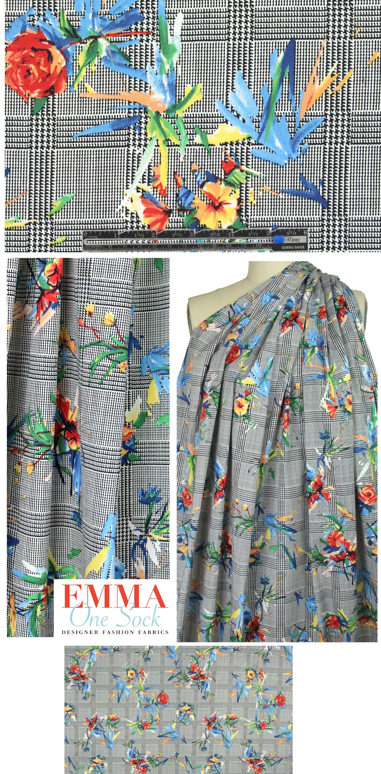 glen plaid floral cotton/spandex sateen