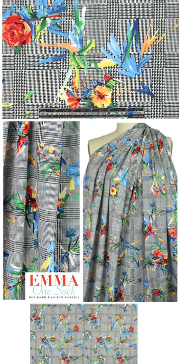 glen plaid floral cotton/spandex sateen