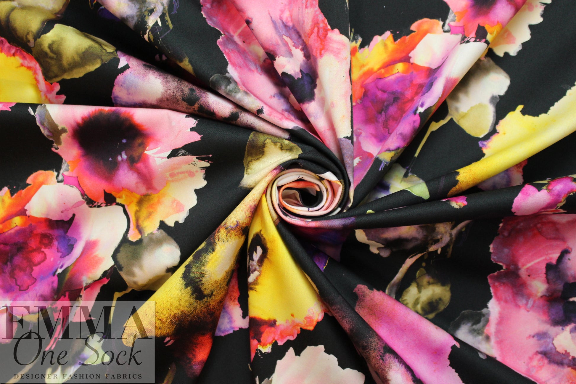 Italian painted floral cotton stretch woven - pink/black