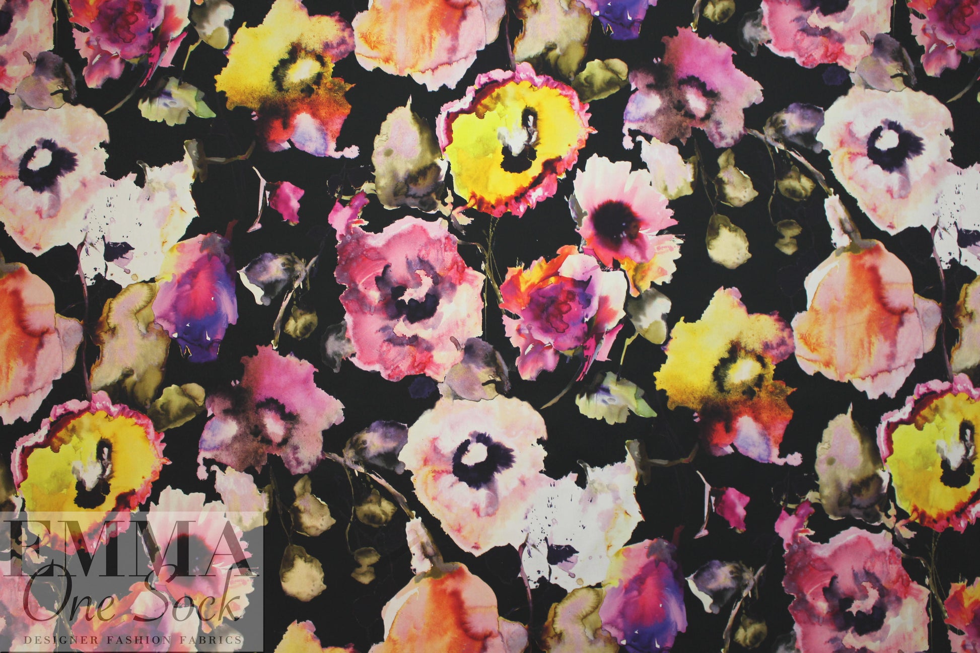 Italian painted floral cotton stretch woven - pink/black