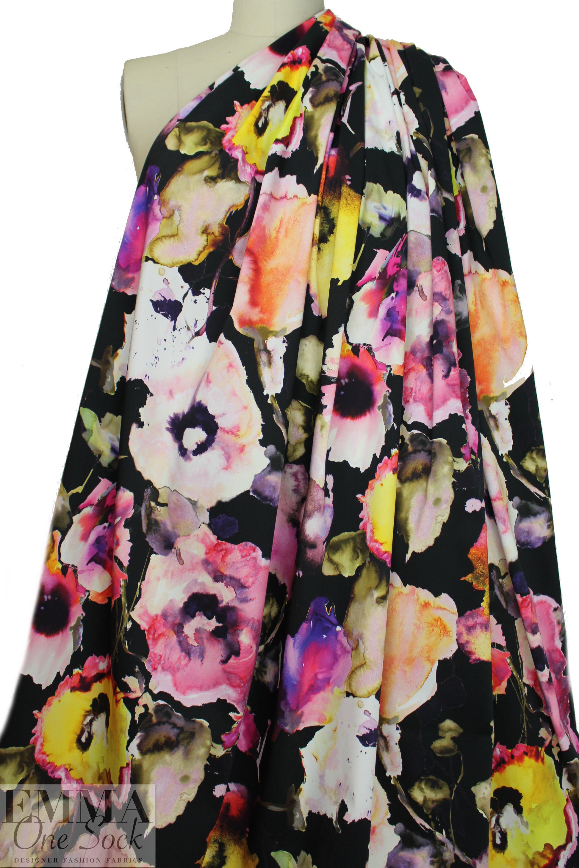 Italian painted floral cotton stretch woven - pink/black