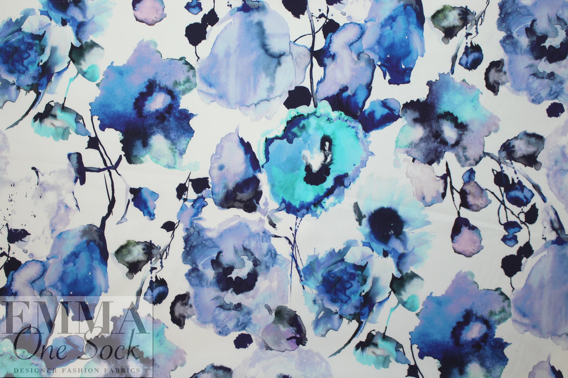 Italian watercolor floral cotton stretch woven - blues