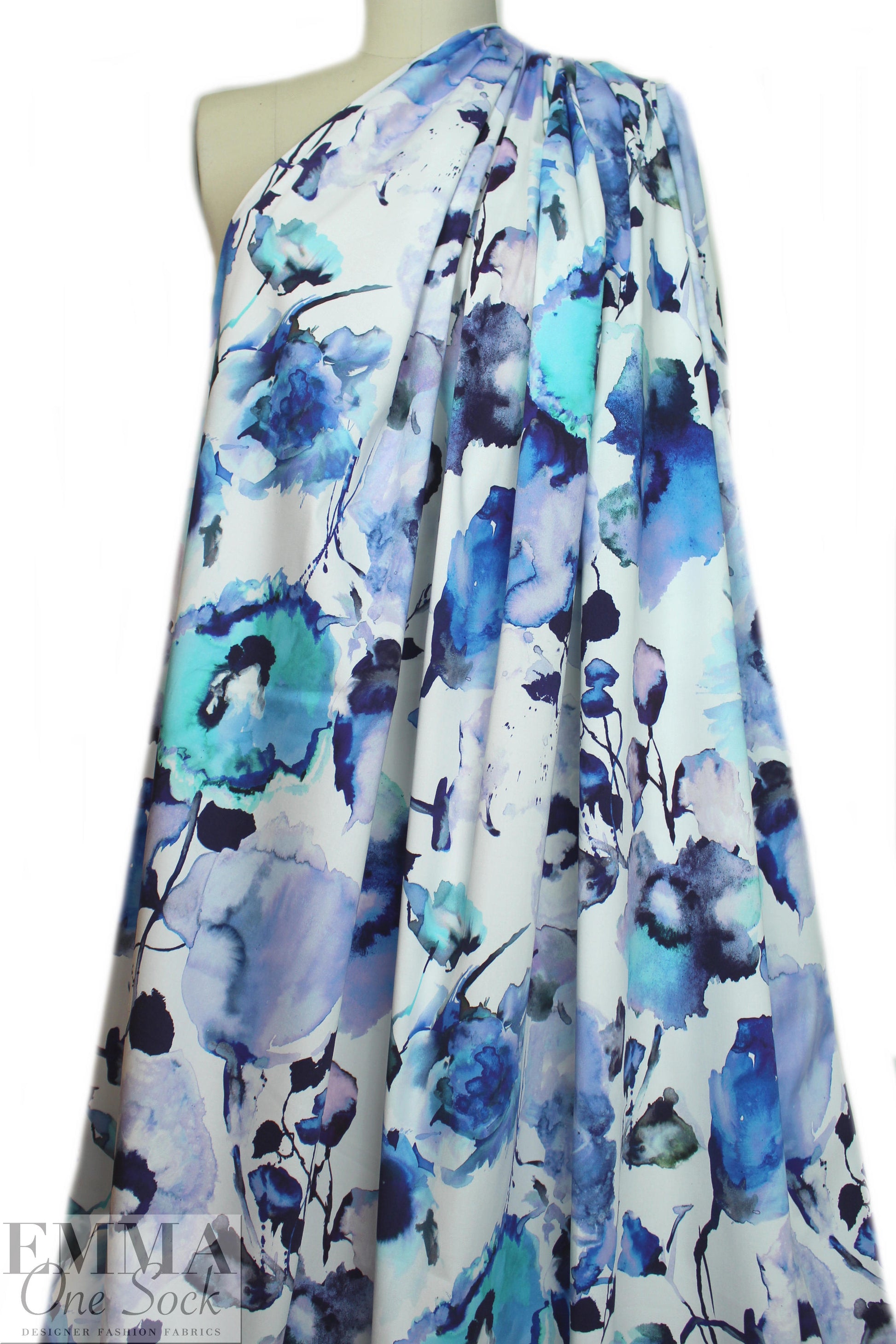 Italian watercolor floral cotton stretch woven - blues