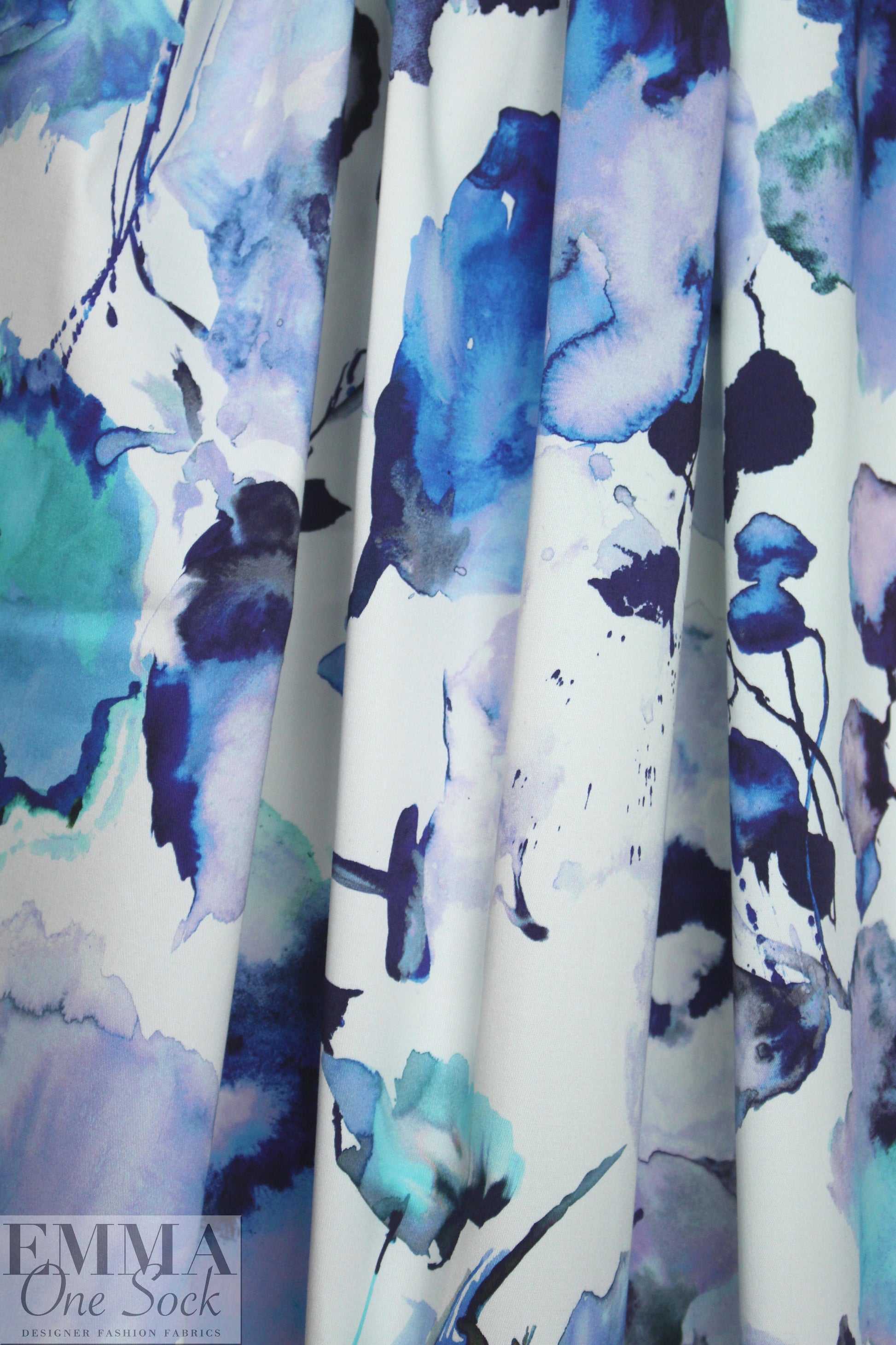 Italian watercolor floral cotton stretch woven - blues