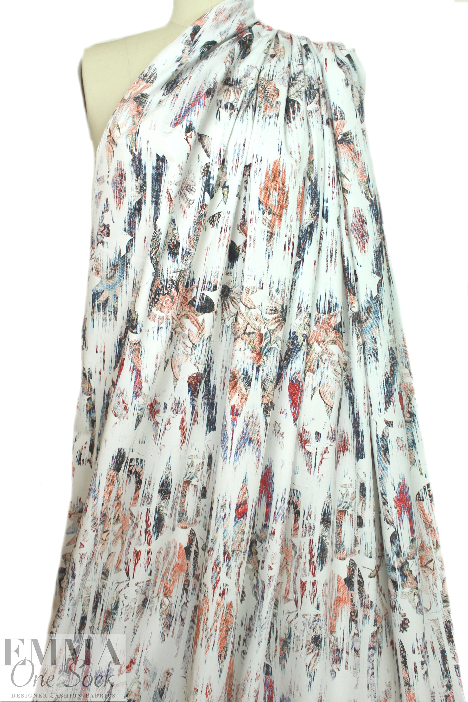 Italian 'obscured shapes' stretch cotton - beige/denim/cherry