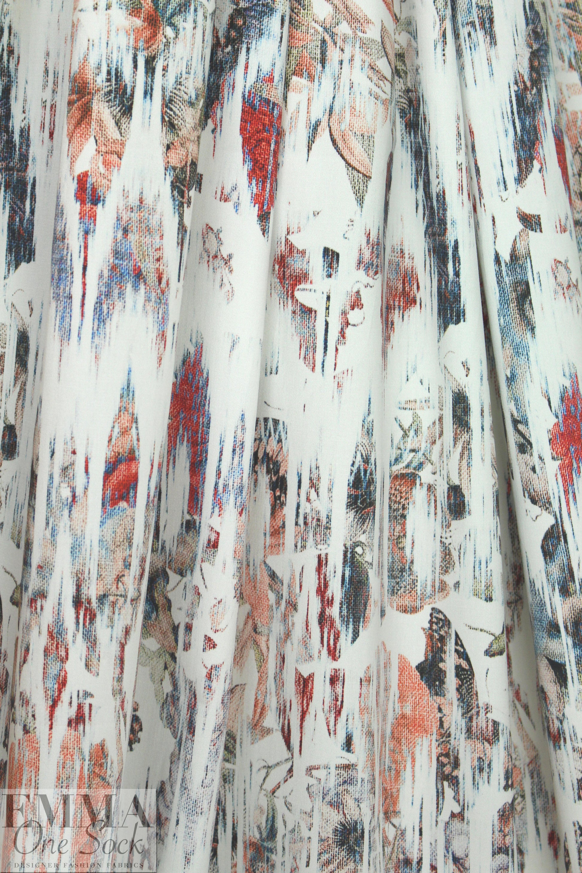Italian 'obscured shapes' stretch cotton - beige/denim/cherry