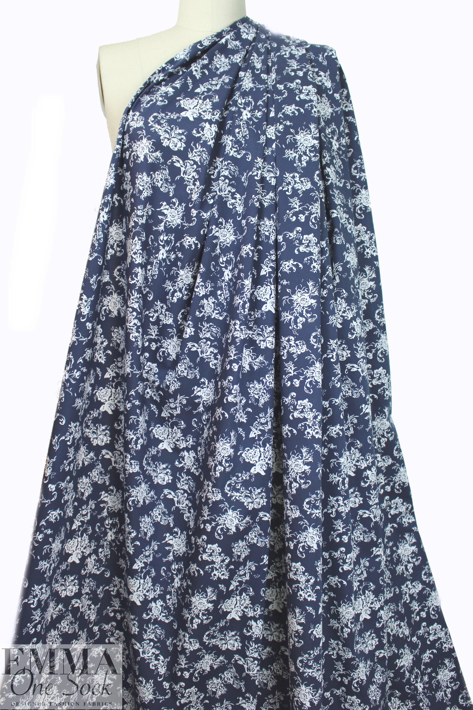 Caroline C0nstas navy deco floral cotton stretch shirting 1.66 yd