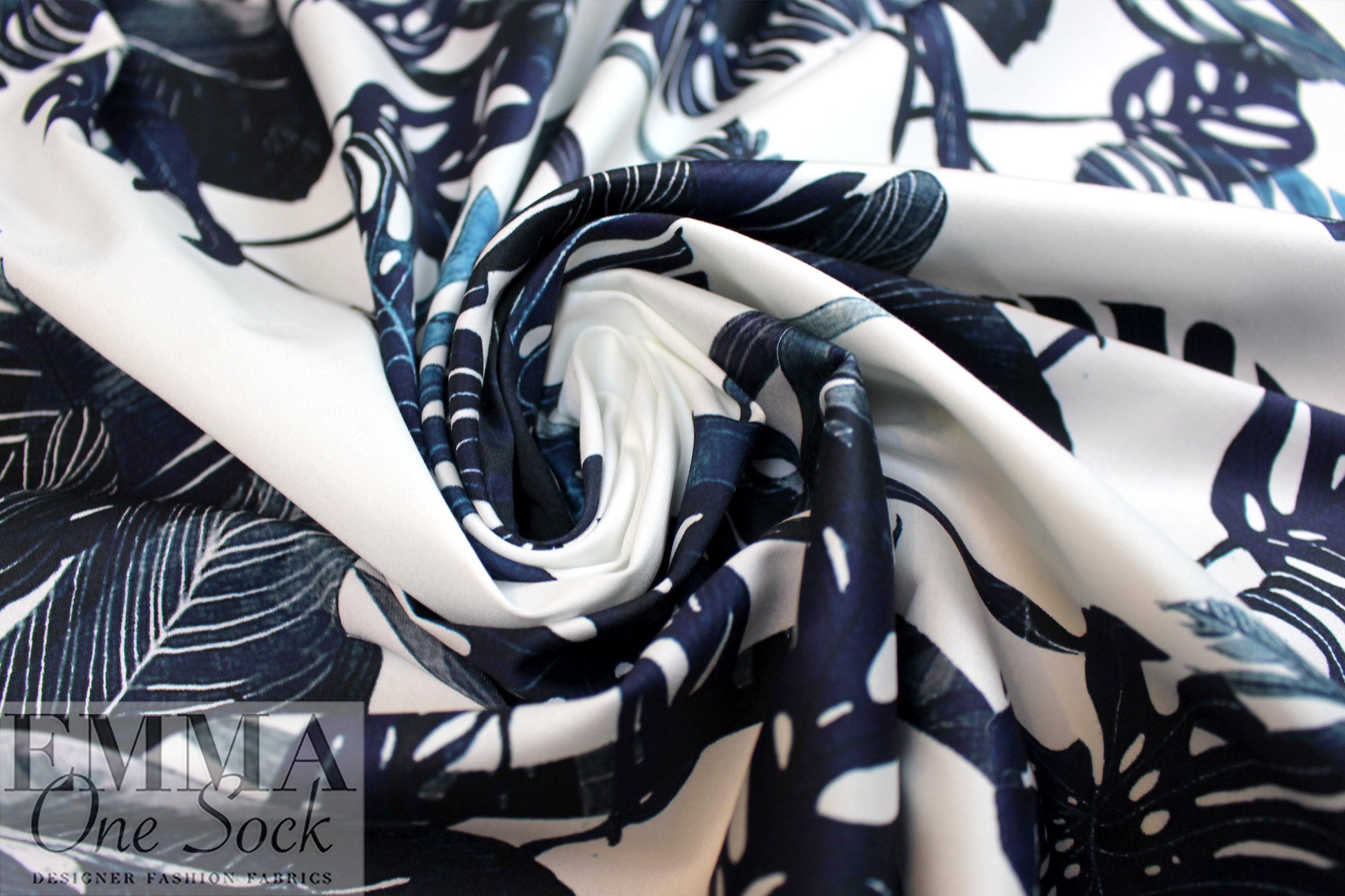 Italian denim-toned monstera cotton stretch woven 1.125 yds