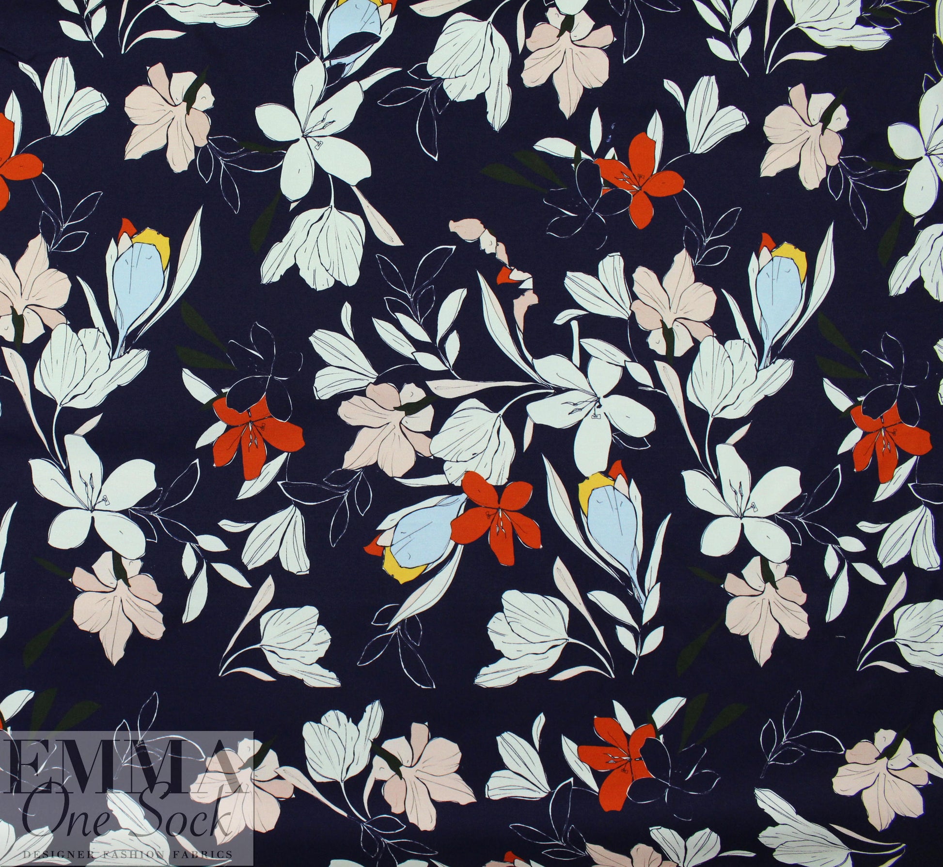 NY designer navy stylized floral stretch cotton woven 2 yd