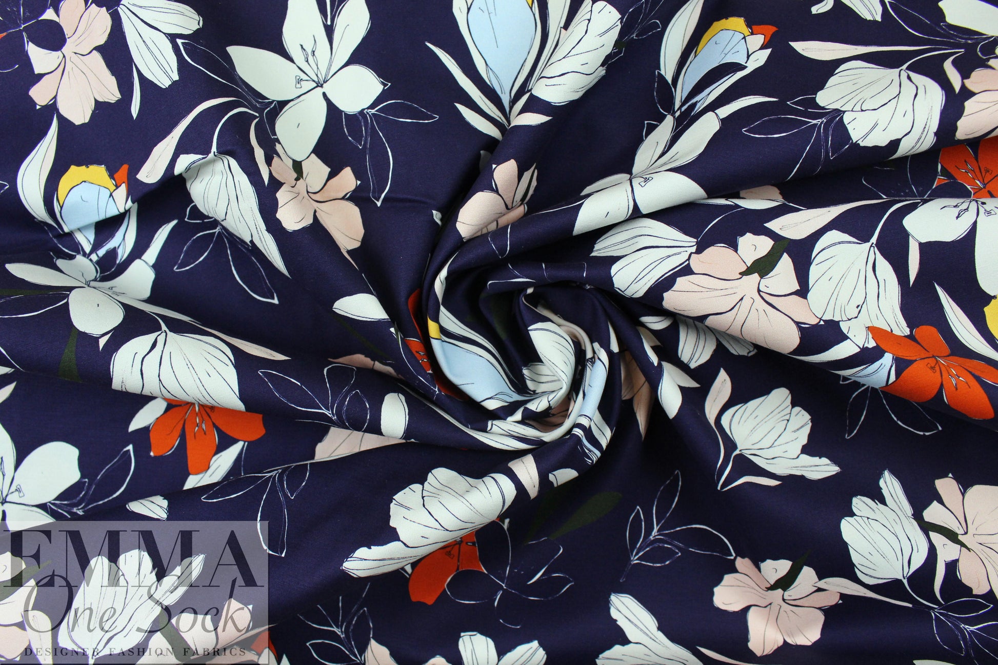NY designer navy stylized floral stretch cotton woven 2 yd