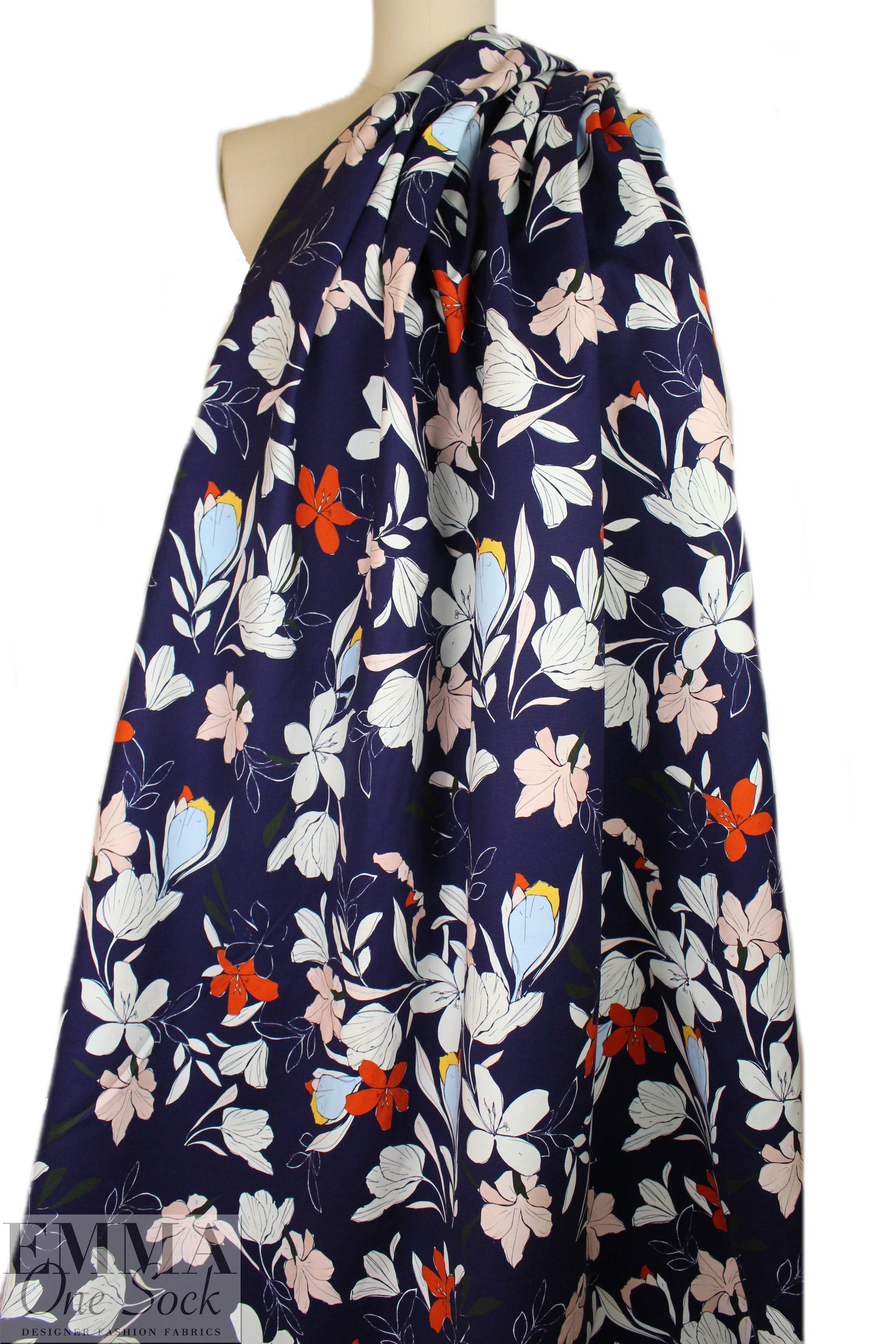 NY designer navy stylized floral stretch cotton woven 2 yd