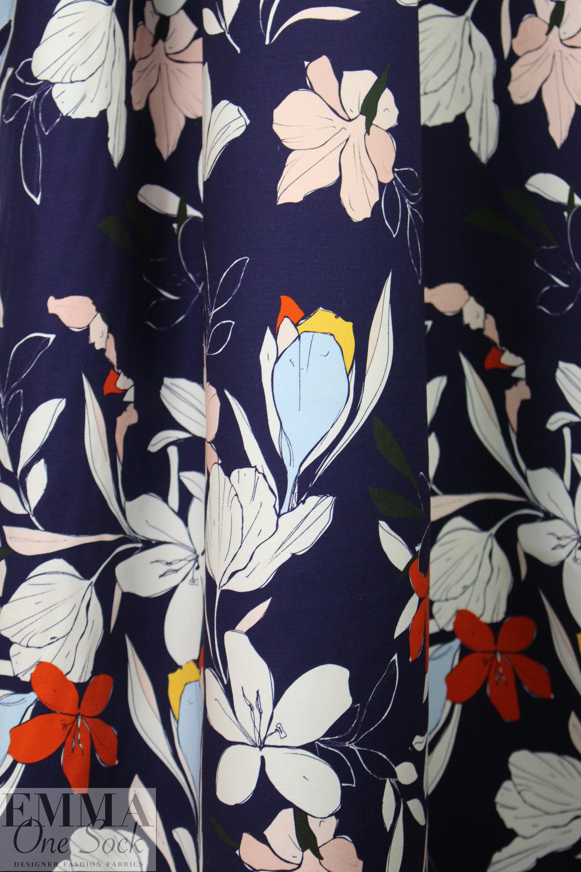 NY designer navy stylized floral stretch cotton woven 2 yds