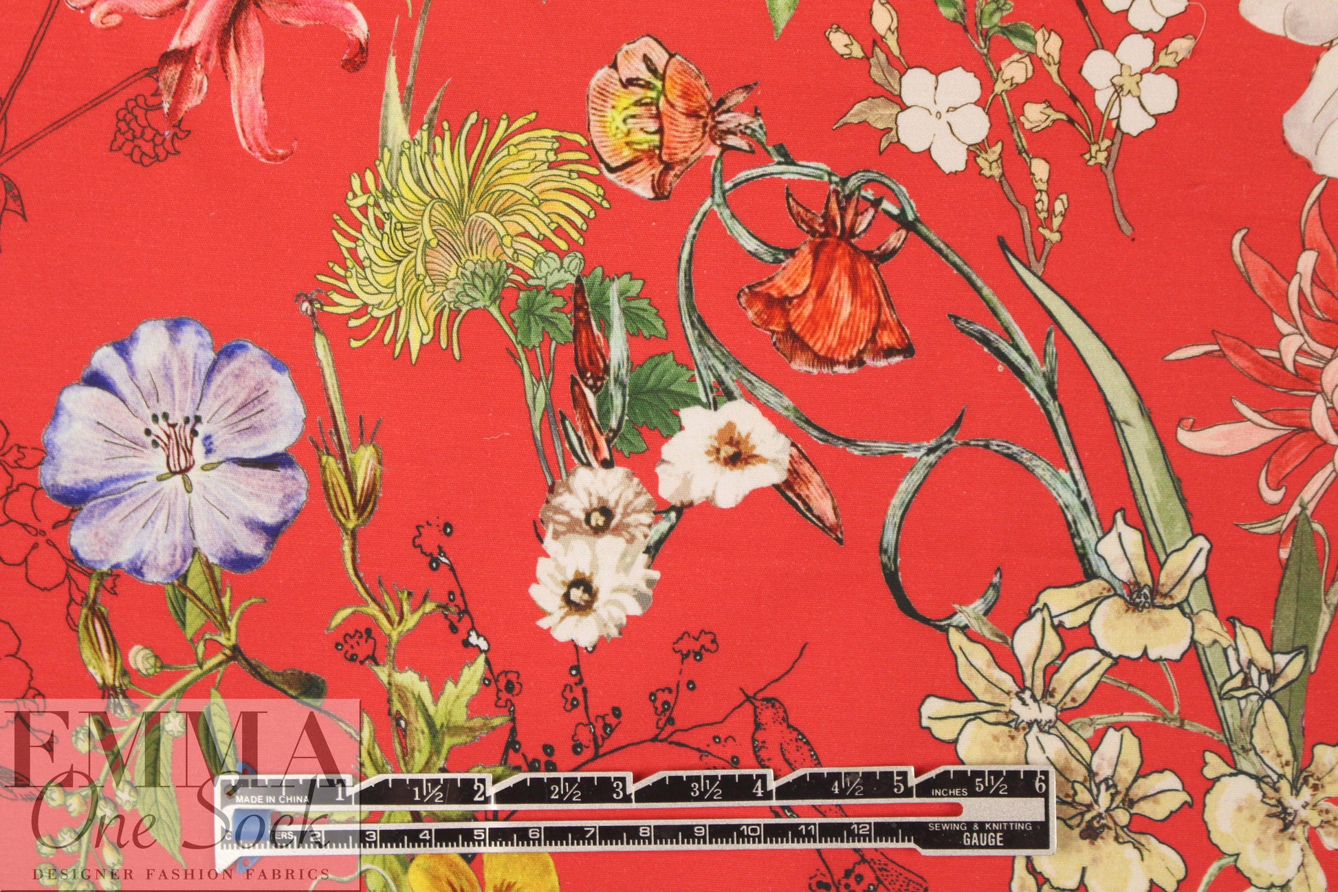 NY designer red botanical stretch cotton woven 1.625 yds