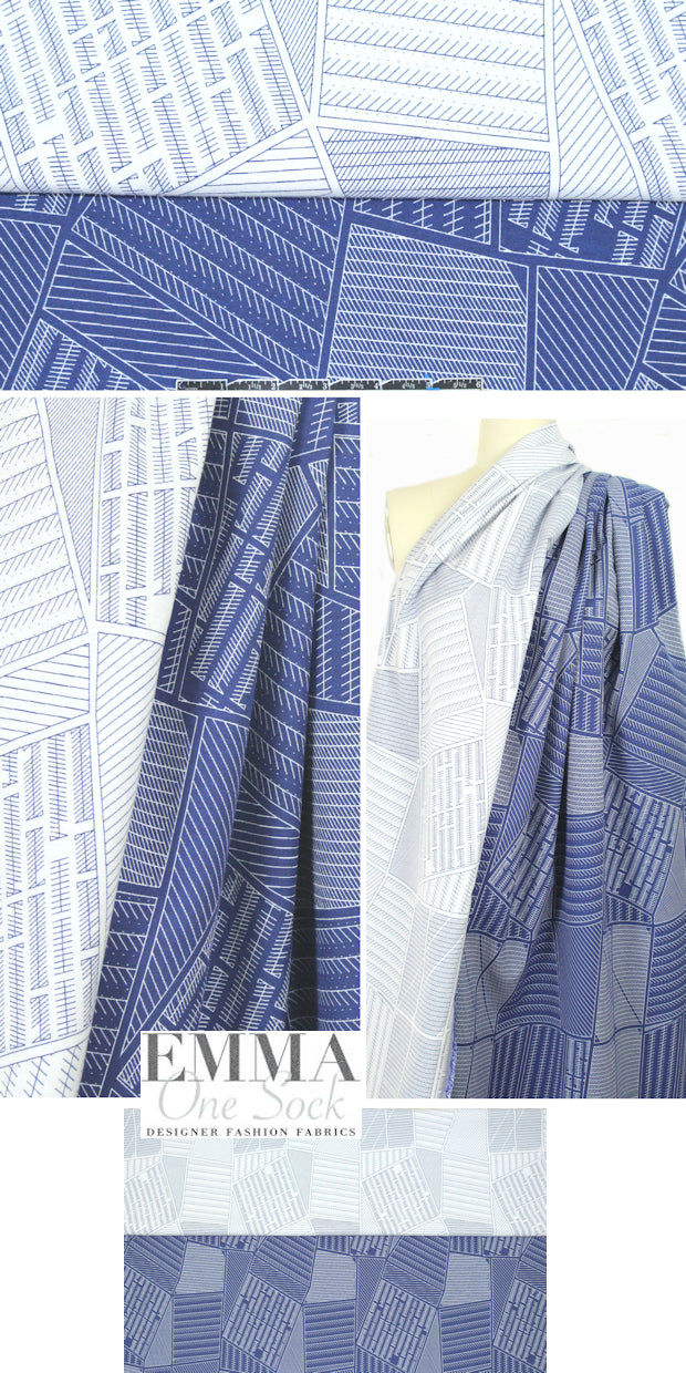 Italian blue/white 'linear graphic' reversible jacquard
