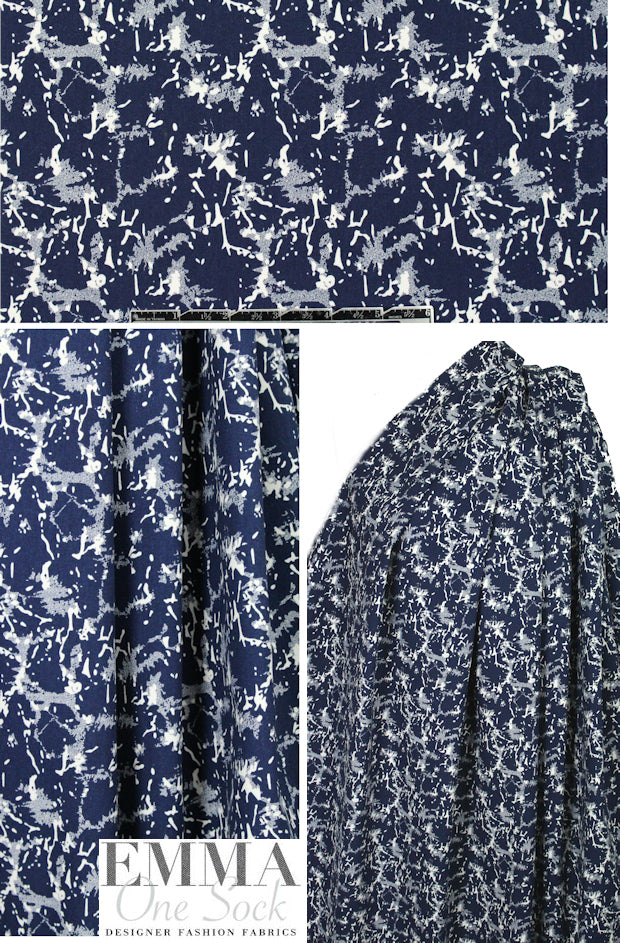 NY designer navy white abstract stretch cotton twill