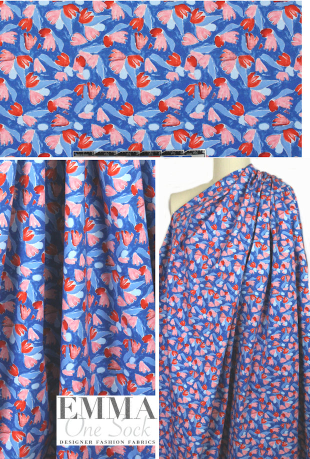 NY designer royal/red quirky floral stretch - smaller scale