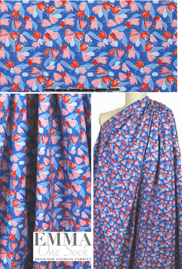 NY designer royal/red quirky floral stretch - smaller scale