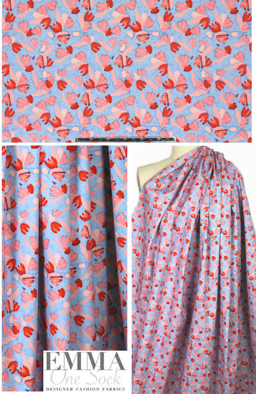 NY designer lt. blue/red quirky floral stretch - smaller scale