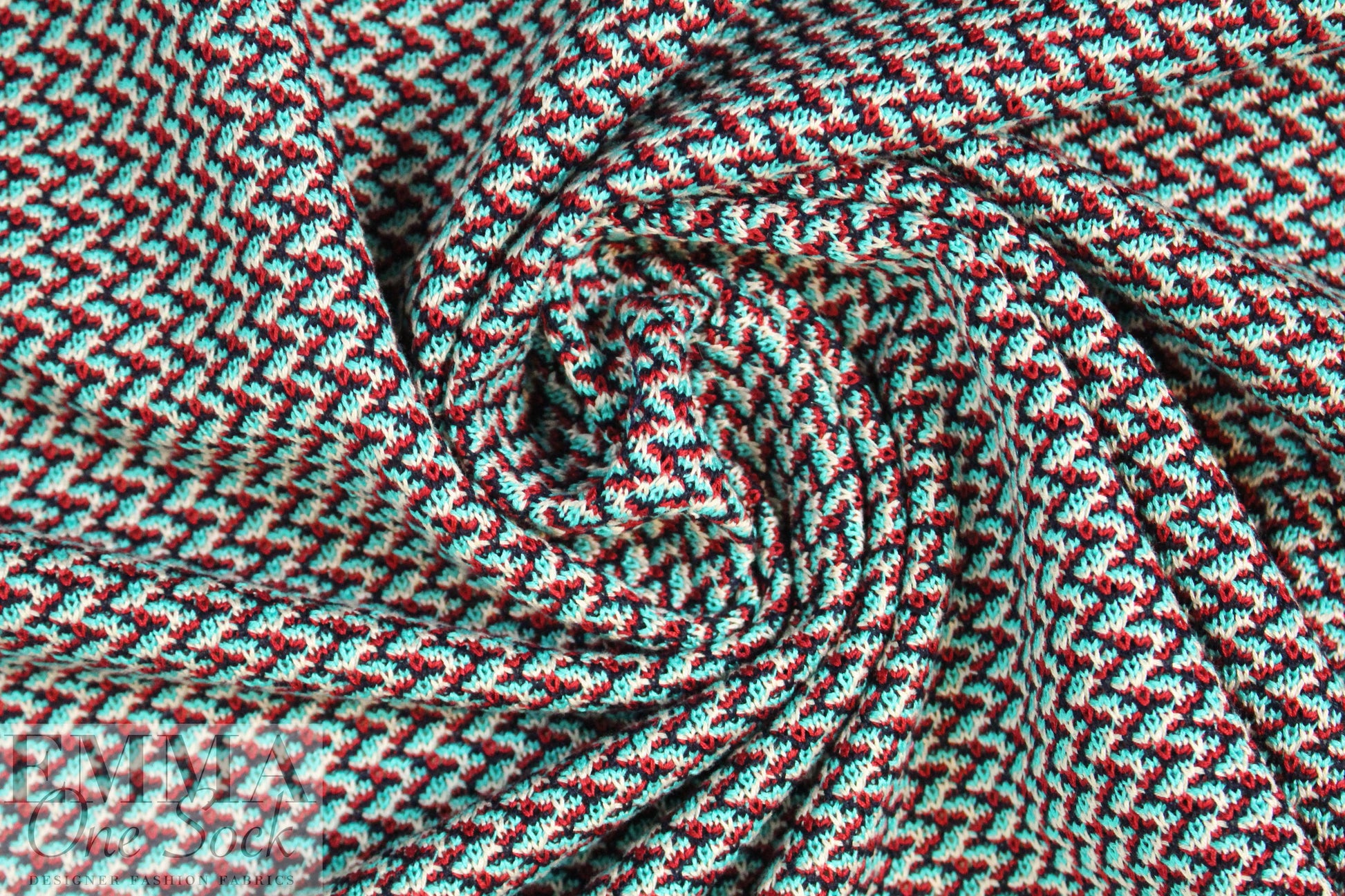 famous designer 'fairisle' cotton sweater knit - aqua/claret 1.375 yd