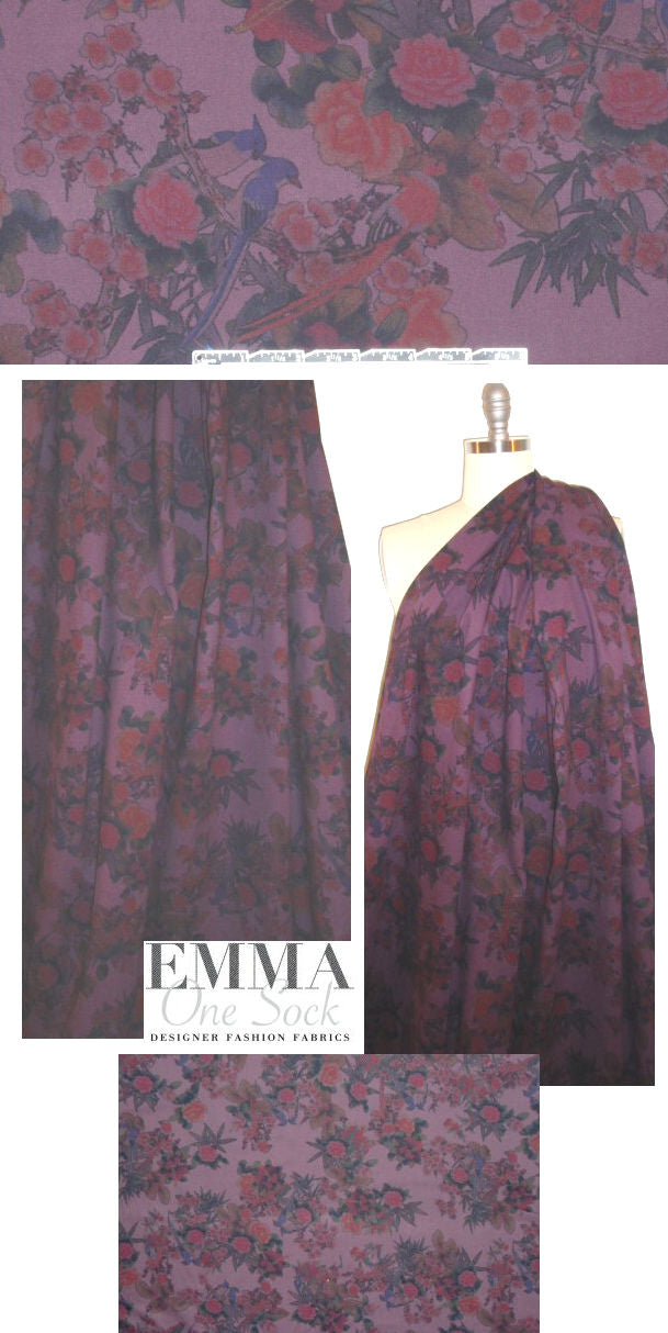 French flowers and birds stretch twill - plum .75 yds