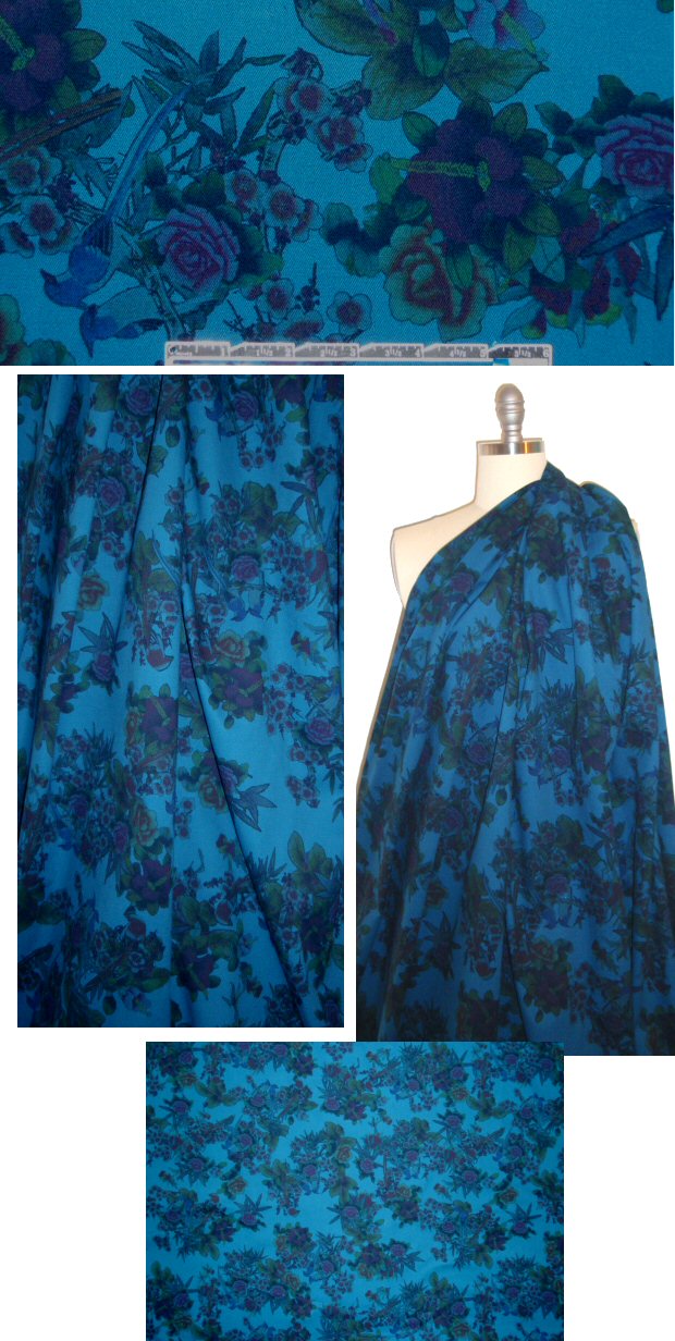 French floral bouquet printed stretch twill - blue 1.25 yd