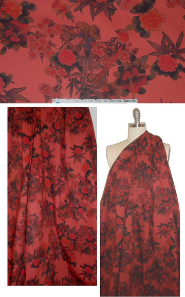 French flowers and birds printed stretch twill - cinnabar