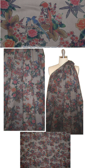 French flowers and birds printed stretch twill - gray